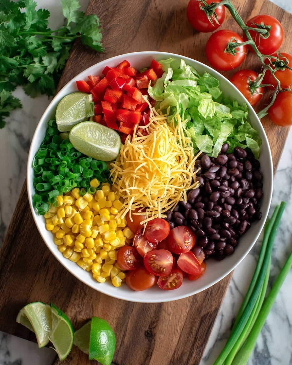 A white bowl is filled with six colorful layers of fresh ingredients, arranged side by side. Starting from the top left, there are small red diced bell peppers, followed by a pile of thin yellow shredded cheese in the center top. On the top right, there are chopped green lettuce leaves. Below the lettuce, bright red halved cherry tomatoes are placed. Next to the tomatoes, on the bottom right, there is a layer of shiny black beans. To the left of the beans, there is a bright yellow layer of sweet corn kernels. Above the corn, finely chopped green onions spread out with two lime wedges on the left edge. The bowl sits on a wooden board with fresh grapes tomatoes hanging on the right and green onions at the bottom on a white marbled surface. Photo taken with an iphone --ar 4:5 --v 7