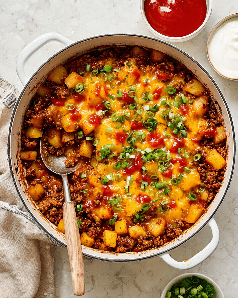 Ground Beef and Potato Skillet with Cheddar and Green Onions Recipe