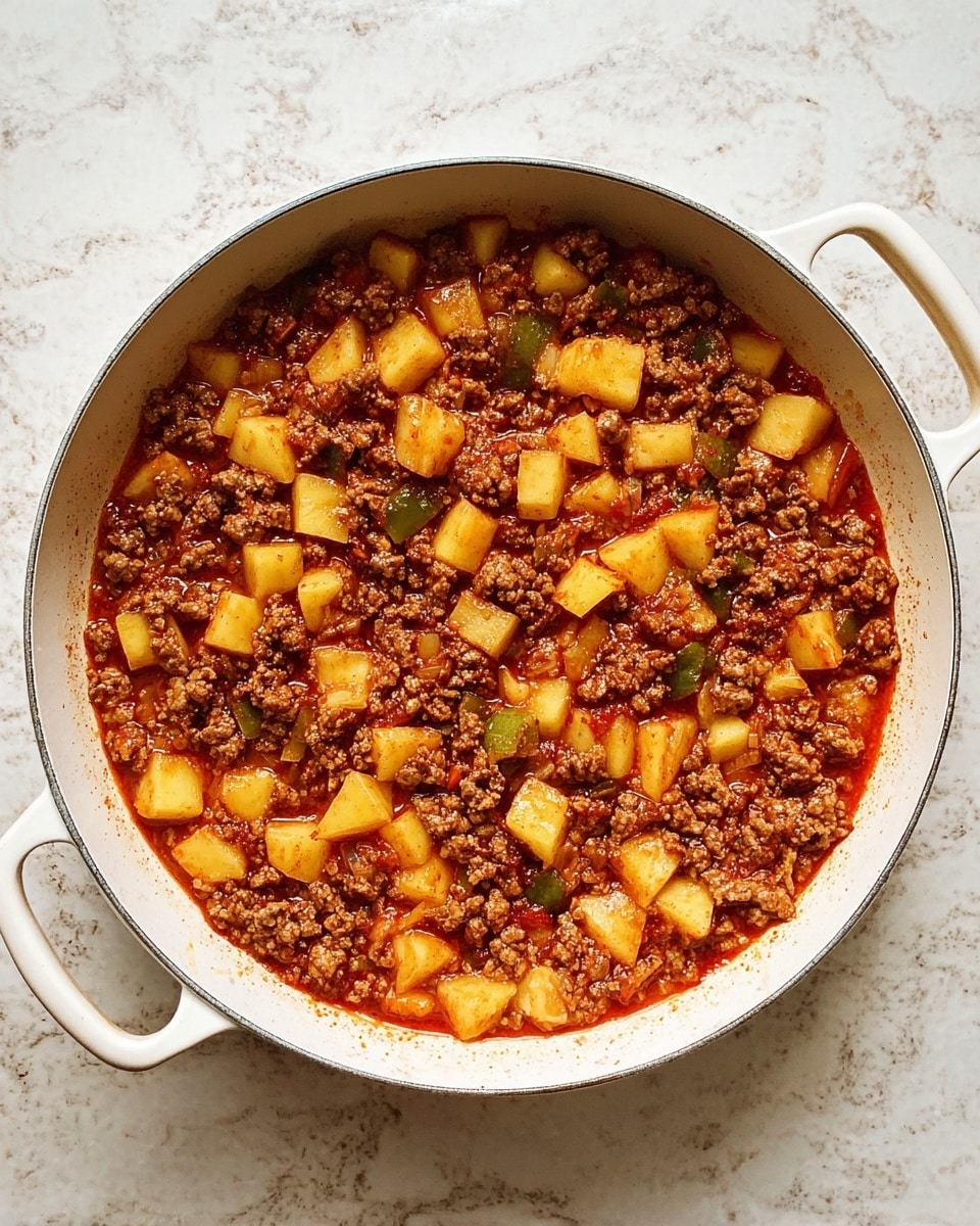 A white round pan with two handles holds a cooked meat and potato stew. The dish has one main layer filled with small chunks of brown cooked ground meat mixed evenly with yellowish, soft potato cubes and bits of green peppers, all covered in a thin red sauce. The white marbled surface under the pan shows some light shadows from the edges. photo taken with an iphone --ar 4:5 --v 7