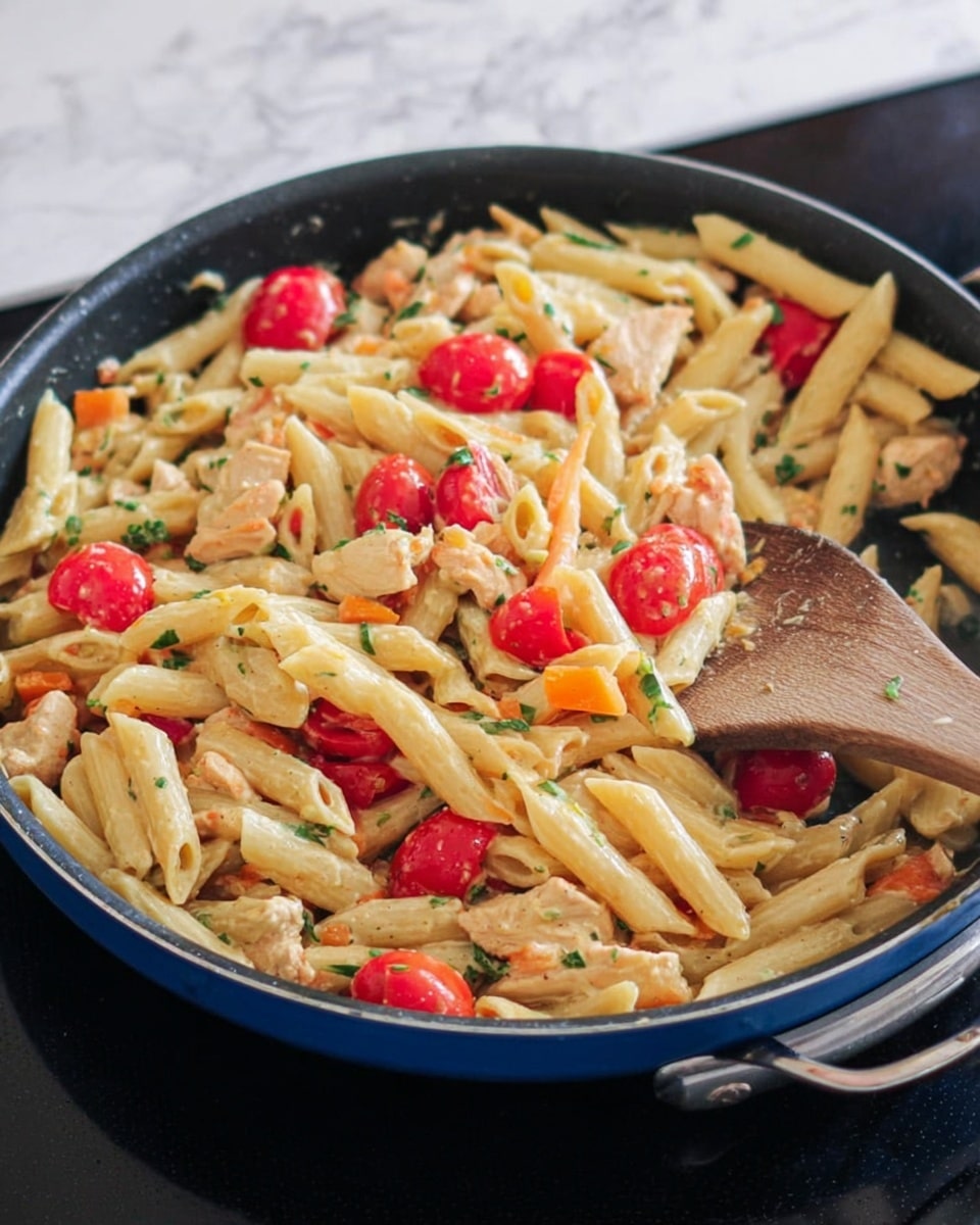 A close-up of a black frying pan with a blue outside, filled with cooked penne pasta mixed with bright red cherry tomatoes, small pieces of light pink chicken, and thin strips of green herbs. The pasta has a light, creamy coating and there are also small bits of orange scattered throughout. A wooden spoon is stirring the pasta from the right side. The pan is placed on a smooth black stove surface, and the background is a white marbled texture. photo taken with an iphone --ar 4:5 --v 7