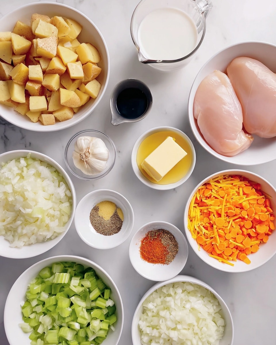 The image shows several white bowls arranged on a white marbled surface, each containing different ingredients: two raw chicken breasts in the center bowl with a smooth light pink color, to the bottom left a bowl filled with light brown cubed potatoes, just above it a bowl of bright green chopped celery, to the bottom right a bowl with finely chopped white onions, above the onions another bowl with bright orange diced carrots, top right bowl is filled with shredded orange cheddar cheese, small bowl near the top center contains a square piece of pale yellow butter, another small bowl next to it has minced garlic with a light beige color, one small bowl contains a mix of finely ground yellow, red, and brown spices, a small black container has a small amount of golden olive oil, and near the top left, there is a clear measuring cup filled with white milk next to a box of chicken-flavored broth. Photo taken with an iphone --ar 4:5 --v 7