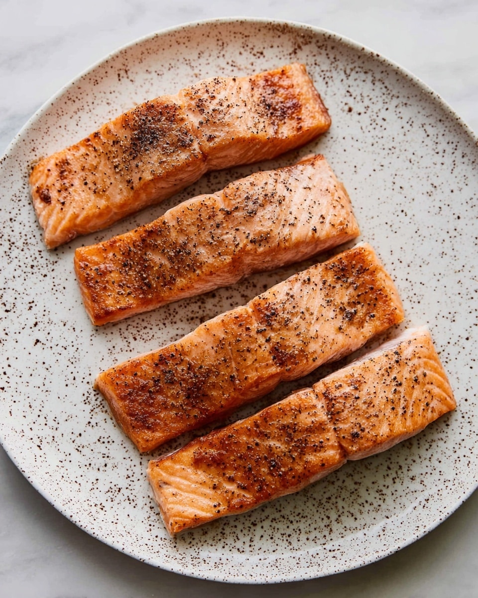 Four cooked salmon fillets sit on a round white plate with brown speckles. Each fillet is a thick rectangular shape, cooked to a golden brown with a slightly crispy surface. The fillets have light pink colors under the browned crust and are sprinkled with black pepper. The plate rests on a white marbled surface. photo taken with an iphone --ar 4:5 --v 7