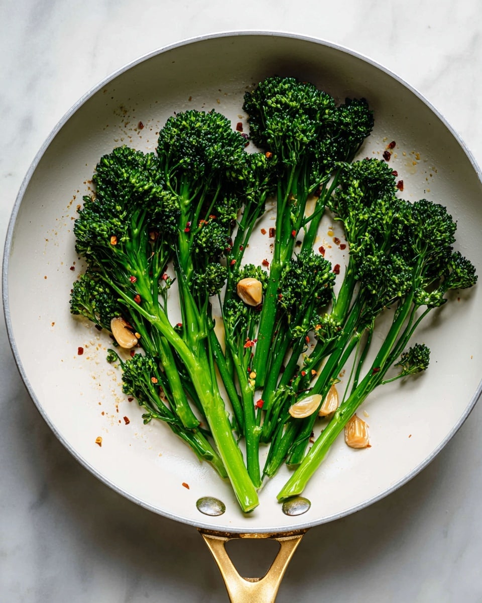 A white frying pan holds a neat arrangement of bright green broccolini stalks, spread out fan-like with their small florets on top and lighter green stems pointing down. Scattered on top are thin, golden-brown slices of garlic and a light sprinkle of red chili flakes and coarse salt. The pan sits on a white marbled surface and has a shiny gold handle sticking out at the bottom. The light shines softly, making the broccolini look fresh and slightly glossy. photo taken with an iphone --ar 4:5 --v 7