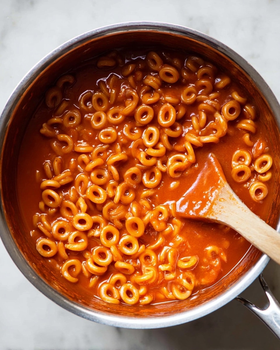 A close-up view inside a shiny metal pot filled with small, round ring-shaped pasta covered in a smooth, thick, orange-red tomato sauce. A wooden spoon with a light brown color rests diagonally on the top right side of the pot, partially submerged in the pasta. The background is a white marbled surface that contrasts with the rich sauce color, making the pasta look hot and fresh. photo taken with an iphone --ar 4:5 --v 7