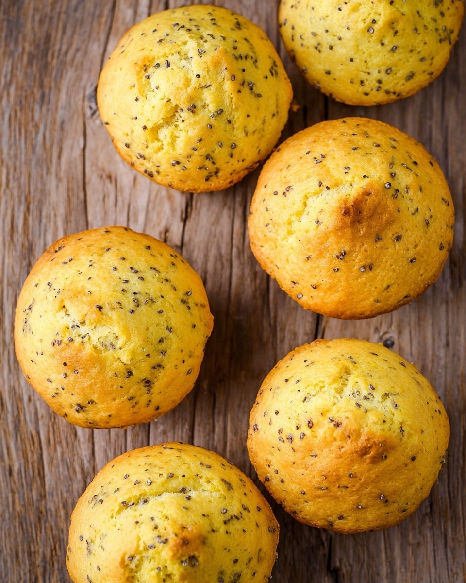 The image shows six golden-yellow muffins with small dark seeds mixed throughout the dough, scattered on a wooden surface. The muffins have a smooth, slightly cracked top with a light browning indicating they are baked well. Each muffin is round and plump, with a texture that looks soft and moist inside. The wooden surface beneath has a natural, rustic look with visible grain and knots, giving a warm feel. photo taken with an iphone --ar 4:5 --v 7
