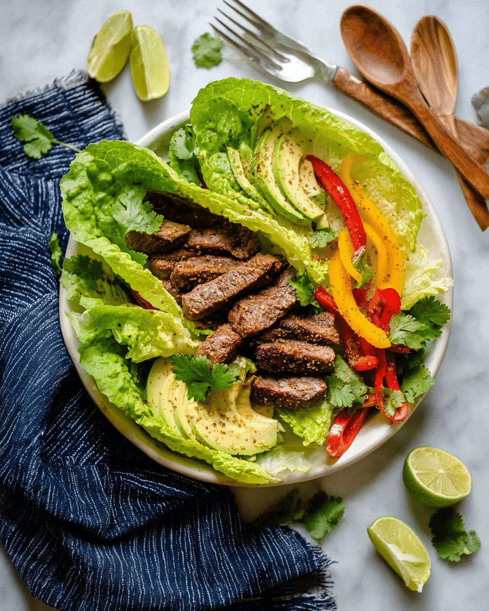 The dish is a white plate lined with large, bright green lettuce leaves forming a base. In the center, there are several brown grilled meat slices with a slightly crispy texture, placed on top of the lettuce. Around the meat, there are slices of creamy light green avocado sprinkled lightly with seasoning, and lime wedges with shiny green skin. On one side, colorful strips of cooked bell peppers in yellow, red, and orange add vibrant color. Fresh green cilantro leaves garnish the whole plate. The plate rests on a white marbled surface with a dark blue cloth and a striped cloth underneath, a silver fork on the side, and two wooden serving spoons nearby. Some lime wedges and cilantro leaves are scattered around. Photo taken with an iphone --ar 4:5 --v 7