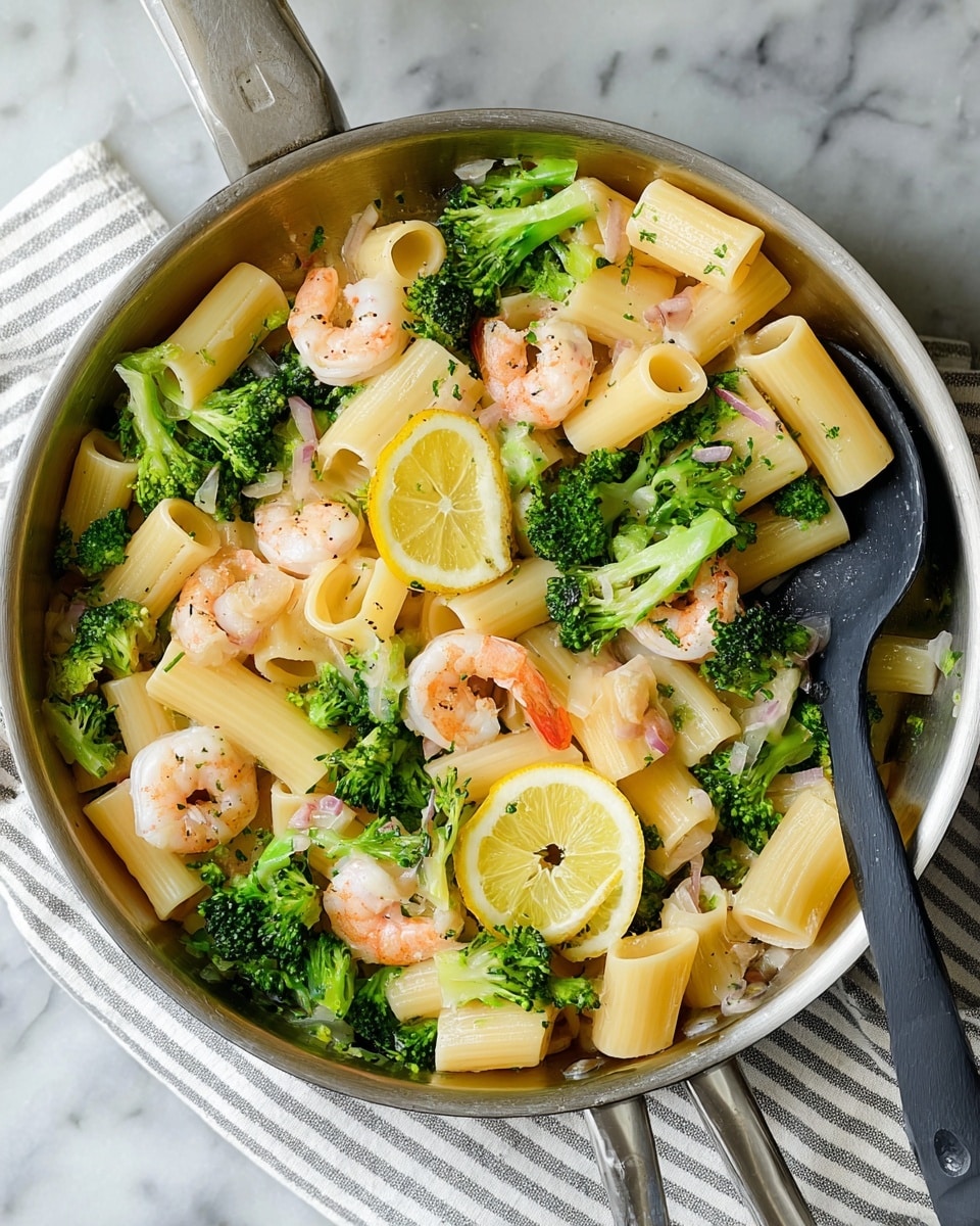 A close-up view of a light gray pan filled with large pasta tubes layered evenly with bright green broccoli florets and small pink shrimp. The pasta pieces are pale yellow and have a smooth texture, and the broccoli has a lightly cooked look with some darker green edges. The shrimp are curled and have a soft gradient from white to pink. Small bits of onion are scattered around, adding a light creamy color. Two thin lemon slices sit on top near the center, adding a pop of bright yellow. A dark spoon rests on the right side inside the pan, and the scene is set on a white marbled surface with a striped cloth partially visible underneath. photo taken with an iphone --ar 4:5 --v 7