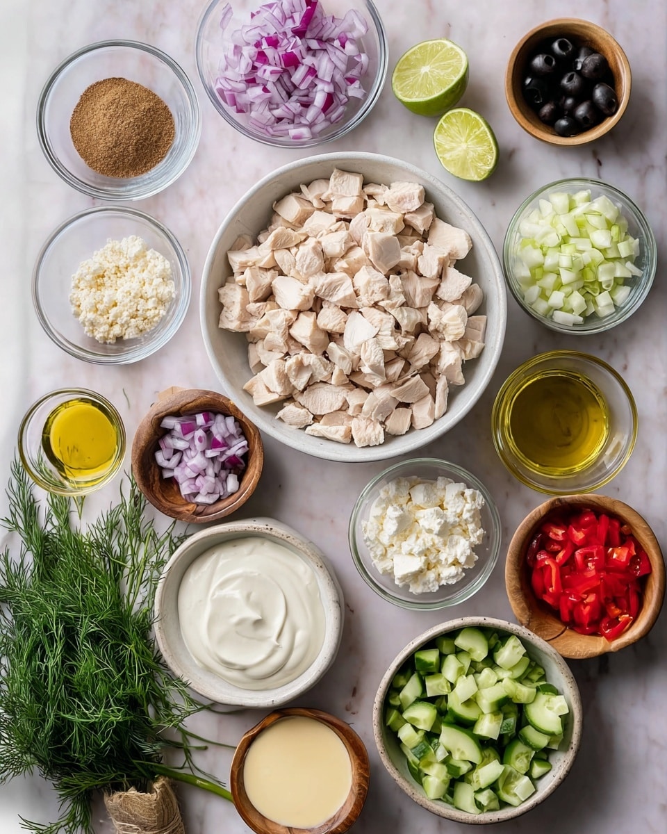 The image shows several small white bowls and a wooden bowl on a white marbled surface, each filled with different fresh ingredients arranged in a circular pattern. In the center, there is a large white bowl filled with light-colored cooked diced chicken pieces. Surrounding this bowl, clockwise from the top left, are a clear bowl with a brown powder, a glass bowl with clear liquid, a wooden bowl with chopped purple onions, a glass bowl with white crumbly cheese, a small white square bowl with brown spice, a glass bowl with light yellow flakes, a wooden bowl with chopped green celery, a white bowl with creamy yellow mayonnaise, a small white bowl with lime wedges, a small glass bowl with yellow oil, a small white bowl with chopped red peppers, a white bowl filled with creamy yogurt, a small white bowl with white salt, and a bowl with chopped green cucumbers. There is also a bunch of fresh dill near the onion bowl. Photo taken with an iphone --ar 4:5 --v 7