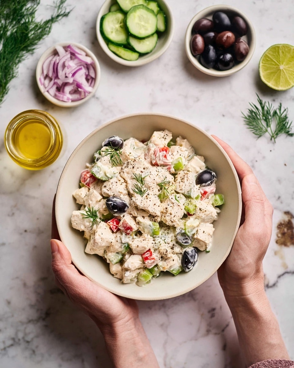 A white bowl is filled with a creamy salad showing small chunks of white chicken, black olive slices, red bell pepper pieces, and green celery bits mixed with a white sauce, sprinkled with black pepper. The bowl is held by a woman's hands, one mostly underneath and one on the side. Around it on a white marbled surface are small white bowls containing chopped cucumber, chopped red onion, black olives, lime wedges, and a small glass jar of yellow oil. A sprig of dill lies flat in the background. Photo taken with an iphone --ar 4:5 --v 7