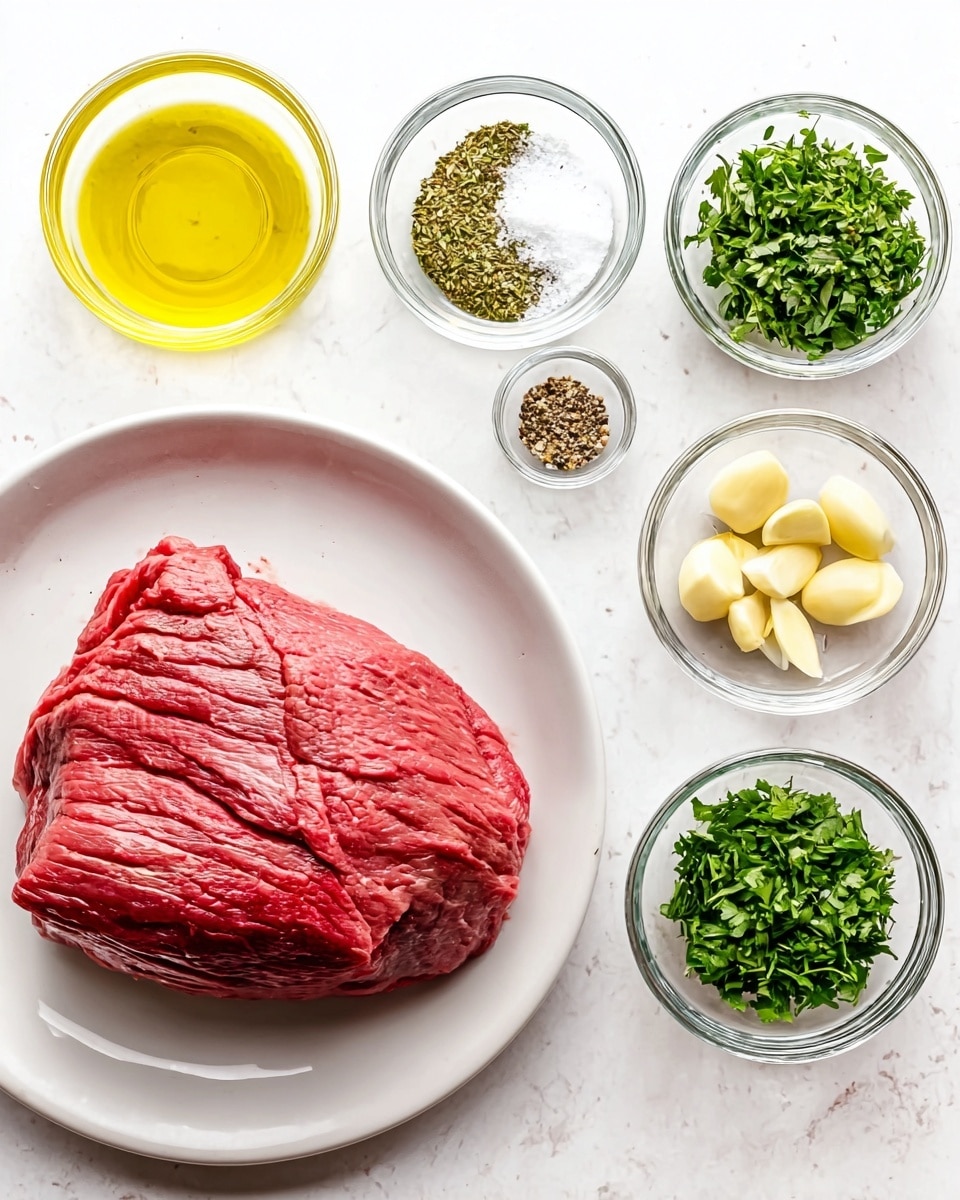 A big piece of raw red meat sits on a white plate on the right side of the image, showing a smooth but slightly textured surface with natural lines. To the left, six small clear glass bowls are neatly arranged in two rows. The top row has bright yellow olive oil, finely chopped green herbs, and coarse salt. The bottom row holds ground black pepper, fresh green leafy herbs, a bowl of peeled whole garlic cloves in pale yellow color, and more chopped green herbs with different textures. The background is a white marbled texture with soft light, creating a clean and fresh look. Photo taken with an iphone --ar 4:5 --v 7