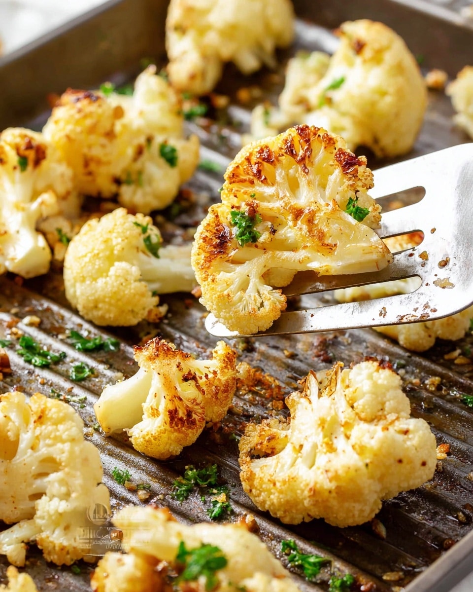 Several roasted cauliflower pieces with golden-brown edges and a slightly crispy texture are spread across a grill pan. The florets show light charring and are scattered with small bits of green parsley. A metal spatula is lifting some cauliflower, with the focus on three pieces showing their creamy white and golden roasted surfaces. The background includes the grill pan's ridges with some browned marks and a few scattered parsley leaves on a white marbled surface. photo taken with an iphone --ar 4:5 --v 7