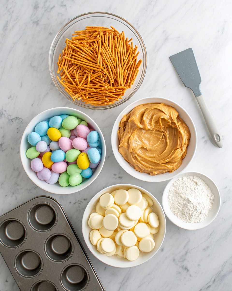 A top view shows five bowls and a muffin tray on a white marbled surface. The largest bowl is clear glass and filled with short, thin, orange stick snacks. Next to it is a white bowl filled with many round pastel-colored candy eggs in blue, yellow, green, and pink. Another white bowl holds smooth, creamy light brown peanut butter. One white bowl contains white round chocolate disks with a flat smooth texture piled up. A smaller white bowl has fine white powder. A gray silicone spatula is placed beside the peanut butter bowl. The muffin tray is metal with six empty round cups. photo taken with an iphone --ar 4:5 --v 7