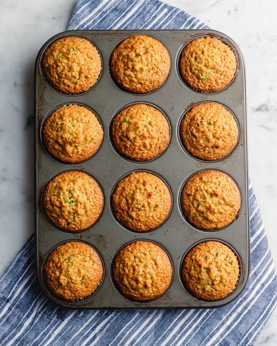 Twelve golden brown muffins sit evenly spaced in a dark metal muffin tray. Each muffin has a slightly rough texture with visible small green specks, indicating a vegetable ingredient like zucchini. The muffins have rounded tops with a few cracking slightly in the middle. The muffin tray rests on a blue and white striped cloth, all placed on a white marbled surface. photo taken with an iphone --ar 4:5 --v 7