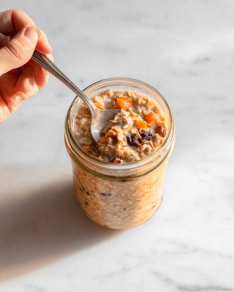 A clear glass jar filled with a thick, brownish oatmeal mix that shows visible layers of creamy oats, small orange shredded carrot pieces, and darker chunks like raisins or nuts mixed inside. A silver spoon is partially dipped into the blend, held by a woman's hand at the bottom left corner. The jar sits on a white marbled surface, with soft, natural light highlighting the texture of the creamy oats and contrasting ingredients inside the jar photo taken with an iphone --ar 4:5 --v 7