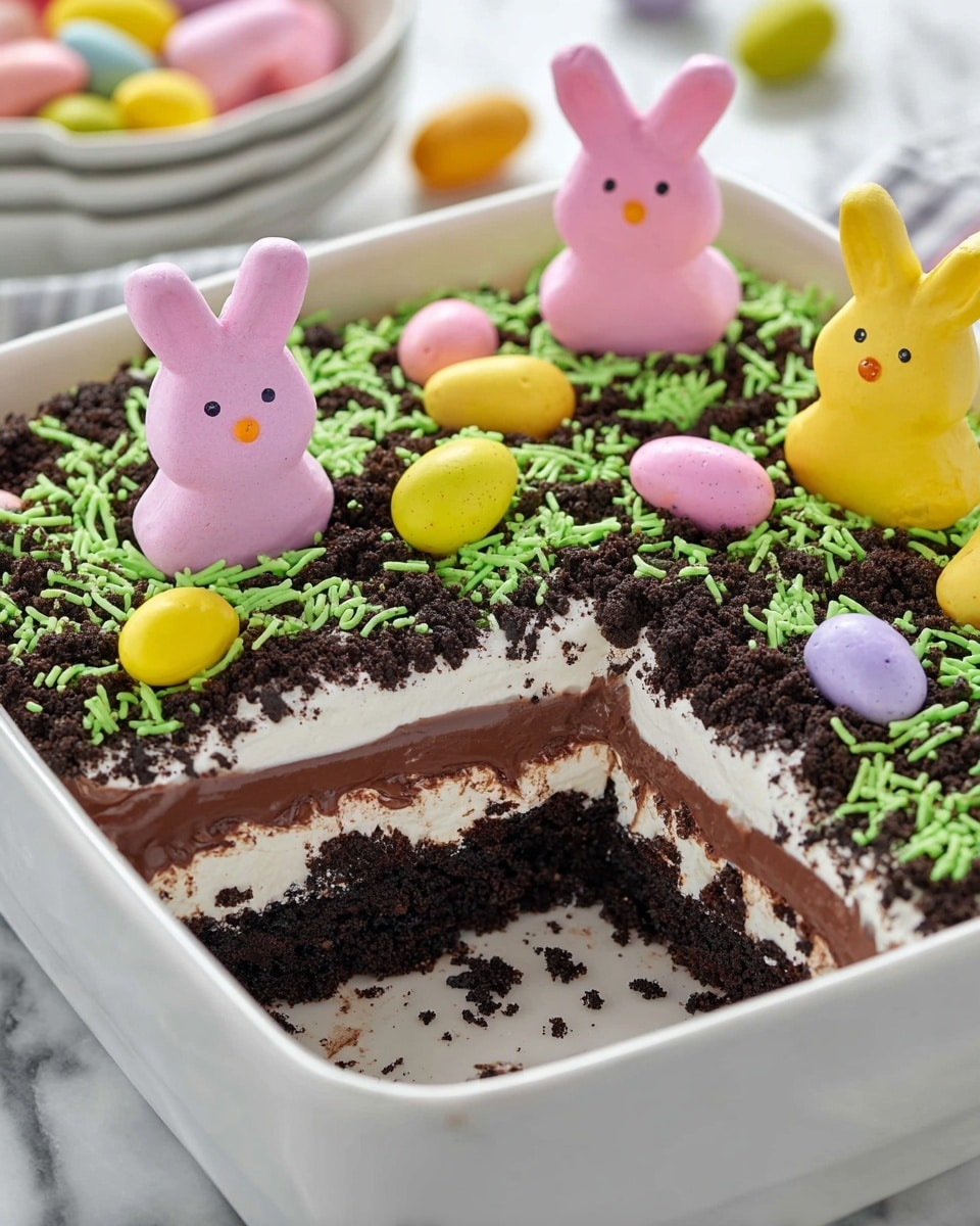 The image shows a white square dish filled with a layered dessert. The bottom layer is dark brown, crumbly chocolate cookie crumbs. Above it is a thick white creamy layer, topped with a thinner layer of dark chocolate ganache or pudding. The top is decorated with more dark chocolate crumbs sprinkled unevenly, bright green strands resembling grass made of candy or icing spread across, pastel candy-coated chocolate eggs in colors like yellow, purple, green, and pink scattered on top, and fluffy marshmallow bunny and chick shapes in pink, yellow, and purple standing upright. The dish rests on a white marbled surface. photo taken with an iphone --ar 4:5 --v 7
