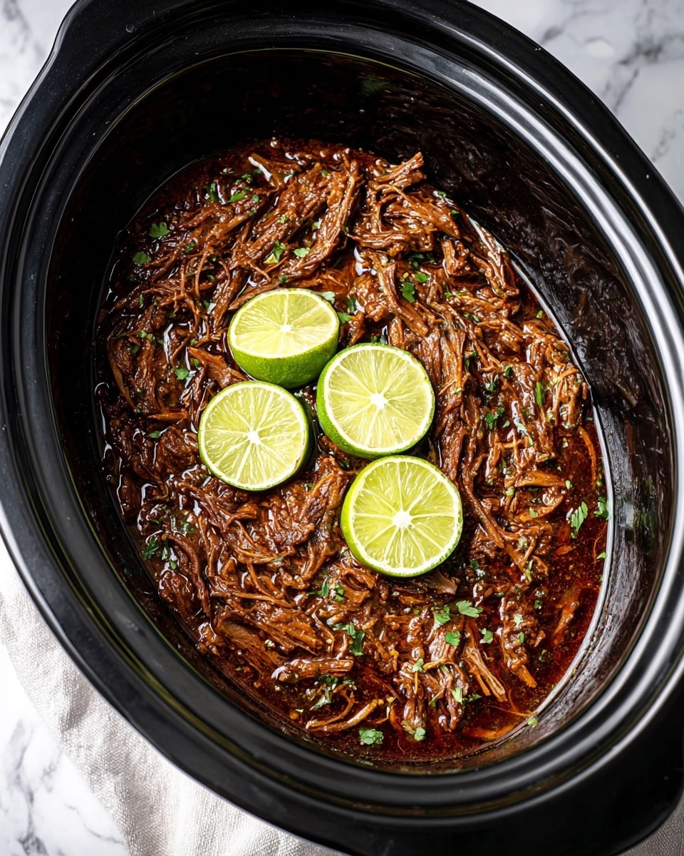Inside a black slow cooker, there is one layer of brown shredded meat in thick sauce with a shiny texture. The meat is mixed with small green herb pieces scattered throughout. On top of the meat, there are three bright green lime wedges placed evenly around the center. The slow cooker is on a white marbled surface with a light cloth nearby. photo taken with an iphone --ar 4:5 --v 7