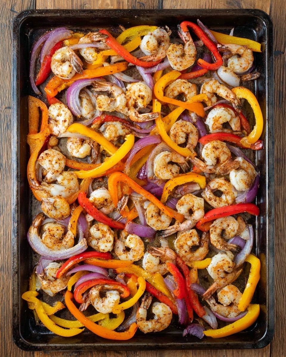A dark metal baking tray filled with cooked shrimp and sliced bell peppers. The shrimp are light pink with darker grill marks and are spread evenly across the tray. Mixed among them are thin slices of red, yellow, and orange bell peppers along with some rings of purple onion, all showing a slight char and soft texture. The shrimps and vegetables are close together but not piled up, showing a well-mixed layer covering the whole surface of the tray. The tray sits on a wooden surface. photo taken with an iphone --ar 4:5 --v 7