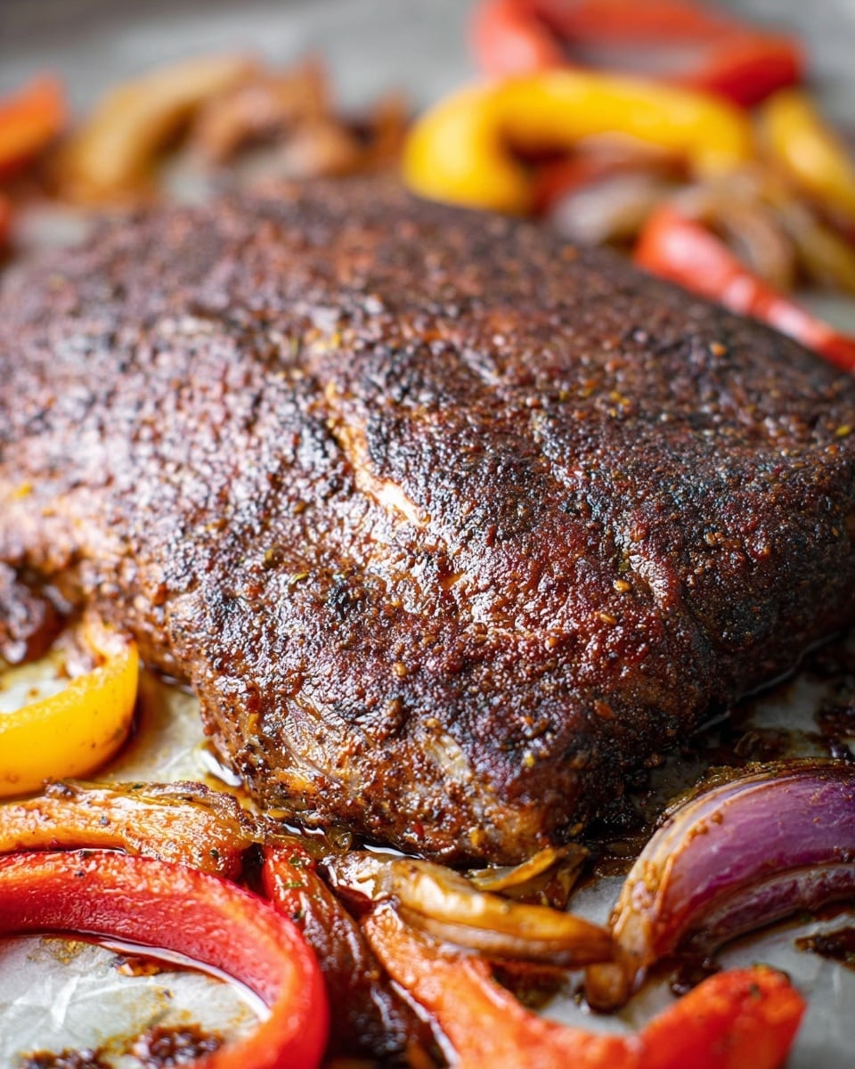 The image shows a large, well-seasoned piece of cooked meat with a dark brown, crispy crust sitting on a white marbled surface. Around the meat, there are several roasted vegetables including red and yellow bell pepper slices and chunks of onions, all with a slightly caramelized look. The meat has a textured, slightly oily surface with visible seasoning specks. The roasted vegetables add bright colors of red, yellow, and a hint of purple, contrasting with the deep brown of the meat. The whole scene looks warm and juicy, with light reflecting off the meat’s surface. Photo taken with an iphone --ar 4:5 --v 7