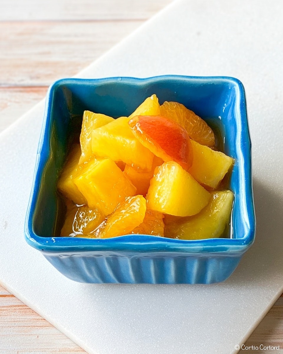 A small square blue ceramic bowl filled with bright yellow and orange fruit pieces soaked in a light syrup. The fruit chunks have soft textures and shiny surfaces, with some pieces showing a reddish-orange peel. The bowl sits on a white marbled surface with faint wood patterns visible under the bowl. Photo taken with an iphone --ar 4:5 --v 7