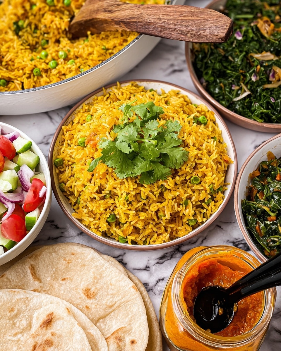 The image shows a close-up of a white round bowl filled with yellow rice mixed with green peas and small bits of herbs, topped with fresh green cilantro leaves. Behind it, there is a larger white pan filled with a similar yellow rice mixture with peas and herbs, partially covered by a brown wooden spoon. To the right, a white bowl holds dark green cooked leafy vegetables, and below that, there is a glass jar with bright orange chutney or sauce and a black spoon inside. To the left, a white bowl with fresh vegetable salad containing red tomatoes, white onions, cucumber, and green herbs is visible. At the bottom of the image, there are two stacked round flatbreads of pale beige color. The whole setup is placed on a white marbled surface. Photo taken with an iphone --ar 4:5 --v 7