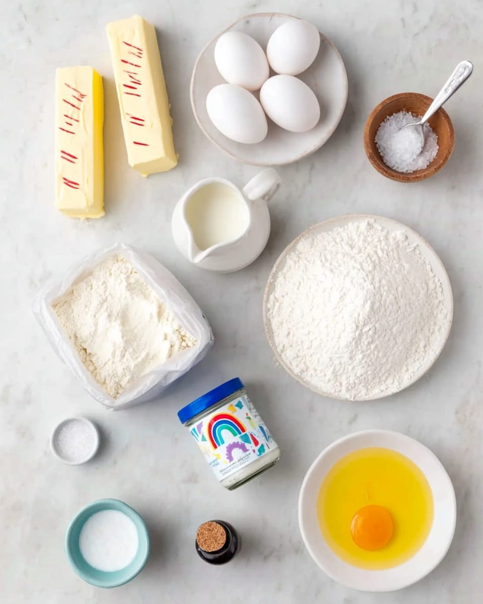 A white marbled surface holds an arrangement of baking ingredients. At the top left are two sticks of pale yellow butter with red markings. Below them, a white plate holds three white eggs. At the top right, a small wooden container with a spoon filled with salt sits. To its left, a small white jug filled with milk is placed. In the center, an open bag of white flour shows a fine powder inside. Below it is a small jar with a bright blue lid and a colorful label featuring rainbow shapes. To the right of the jar, a white dish contains a separated bright yellow egg yolk. Below that, a white plate is filled with a mound of white powdered sugar. At the bottom left, a small white bowl holds a pale yellow liquid. Above that, a tiny bottle with a cork contains a dark brown vanilla extract. To the left of the jar in the center, a small pale blue cup holds a white granular ingredient. The arrangement is neat, bright, and well lit. photo taken with an iphone --ar 4:5 --v 7