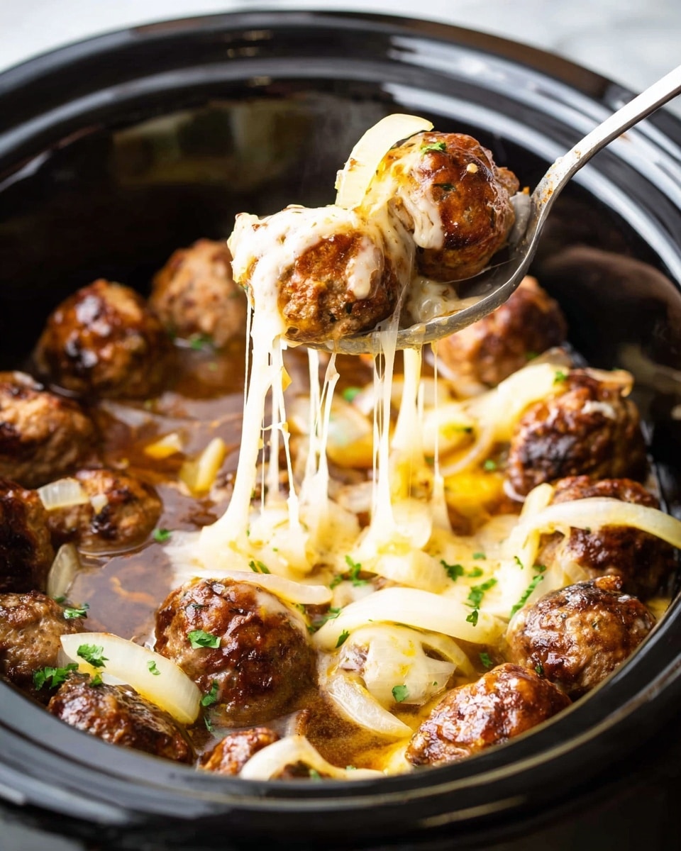 A close-up view of a black slow cooker filled with round brown meatballs layered with melted white cheese strings stretching as a silver spoon lifts a few meatballs topped with soft, translucent yellow onion slices and bits of green herbs; the meatballs are arranged in a circle inside the cooker with a shiny brown sauce at the bottom, all placed on a white marbled surface. photo taken with an iphone --ar 4:5 --v 7