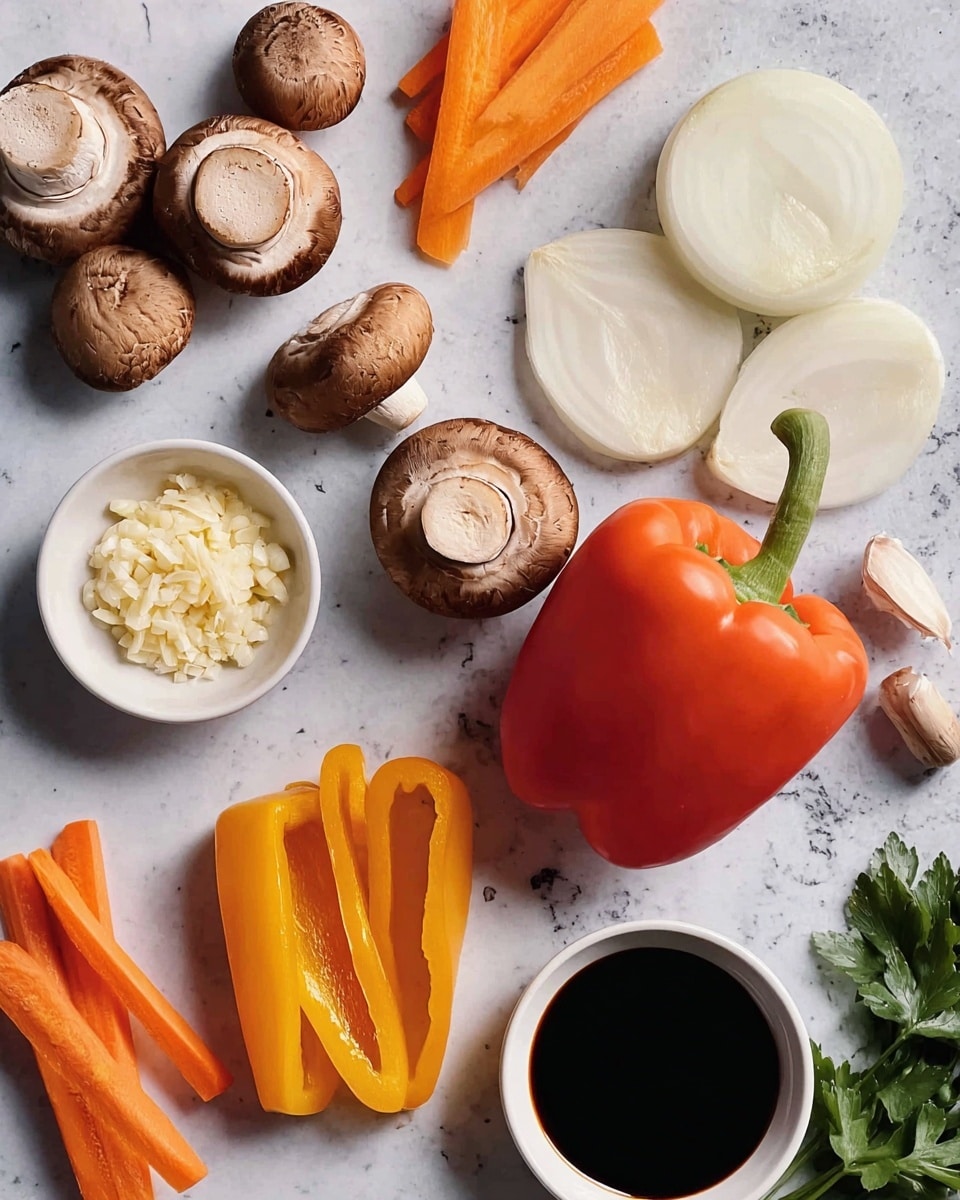 The image shows fresh vegetables and small bowls arranged on a white marbled surface, including a whole red bell pepper and a whole orange bell pepper placed near the center. Around them are whole and sliced brown mushrooms, a few thick carrot sticks in orange and yellow tones, half a white onion, and slices of white onion arranged in a semi-circle. There are two small white bowls, one filled with finely chopped garlic and the other with a dark liquid, likely soy sauce. Green leafy herbs peek in from the bottom right corner, all lit with natural light highlighting their fresh textures. Photo taken with an iphone --ar 4:5 --v 7
