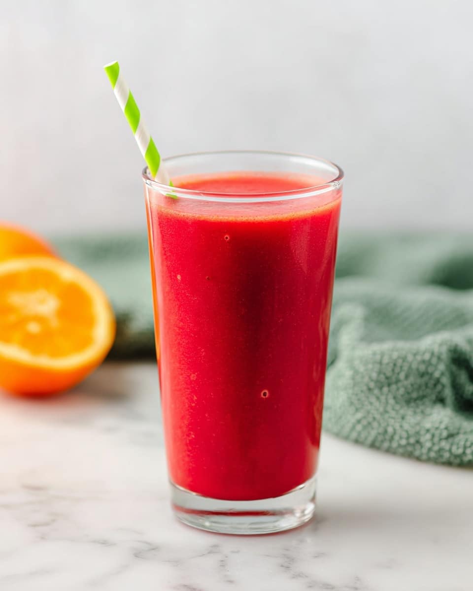 The image shows a tall clear glass filled with a bright red smoothie that looks thick and smooth. The smoothie reaches just below the glass's rim and has a few small bubbles on the surface. A green and white striped paper straw is placed inside the glass, leaning slightly to the right. The glass sits on a white marbled surface, with a blurred green textured cloth in the background on the right and a half-cut orange fruit blurred on the left side. The light is bright, making the smoothie look fresh and inviting. photo taken with an iphone --ar 4:5 --v 7