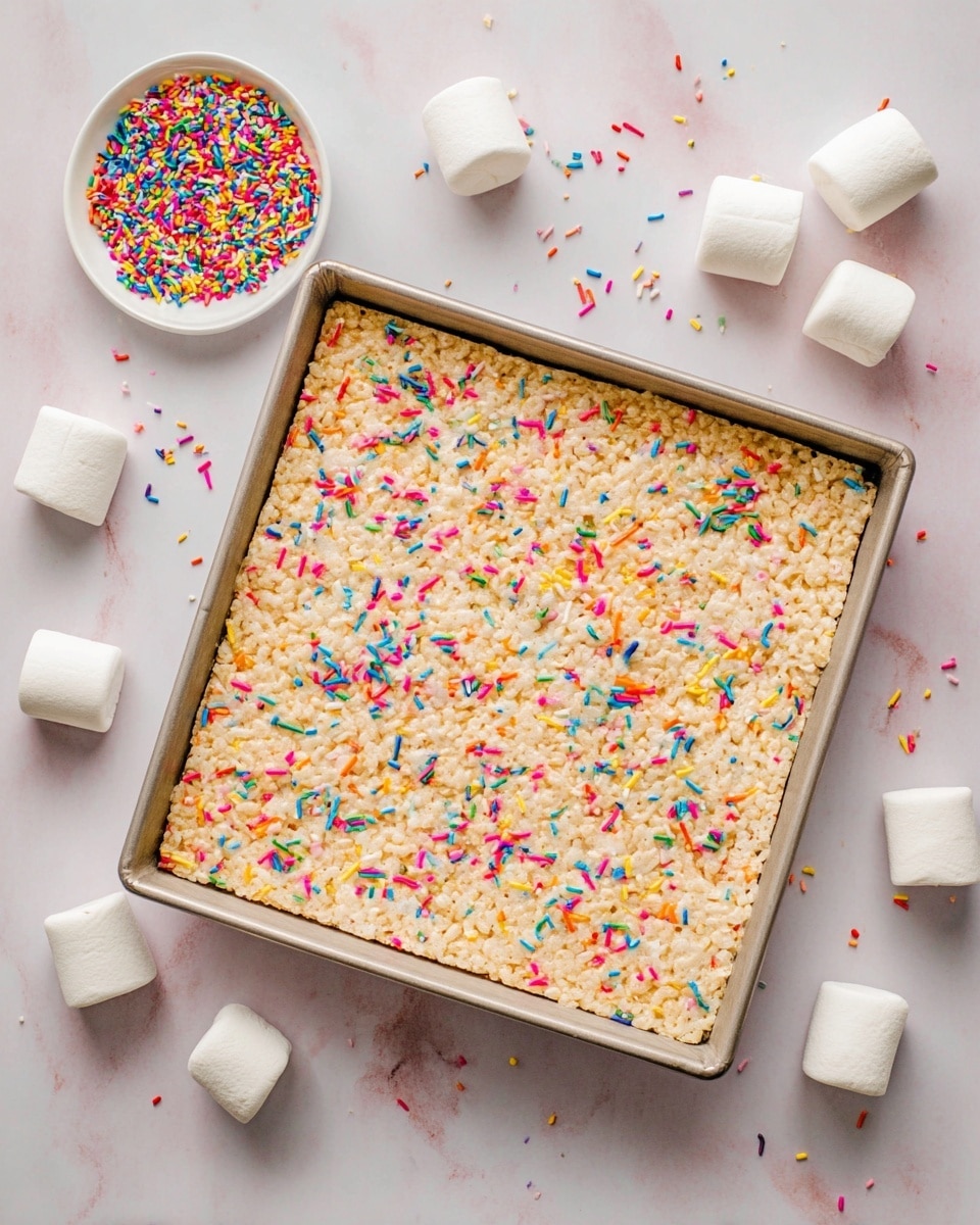 A large square pan filled with one thick layer of light beige rice crispy treat, topped with colorful sprinkles scattered evenly over the surface. To the top left of the pan, there is a small white plate with extra colorful sprinkles, and around the pan on a white marbled surface, there are five large white marshmallows and some scattered sprinkles. photo taken with an iphone --ar 4:5 --v 7