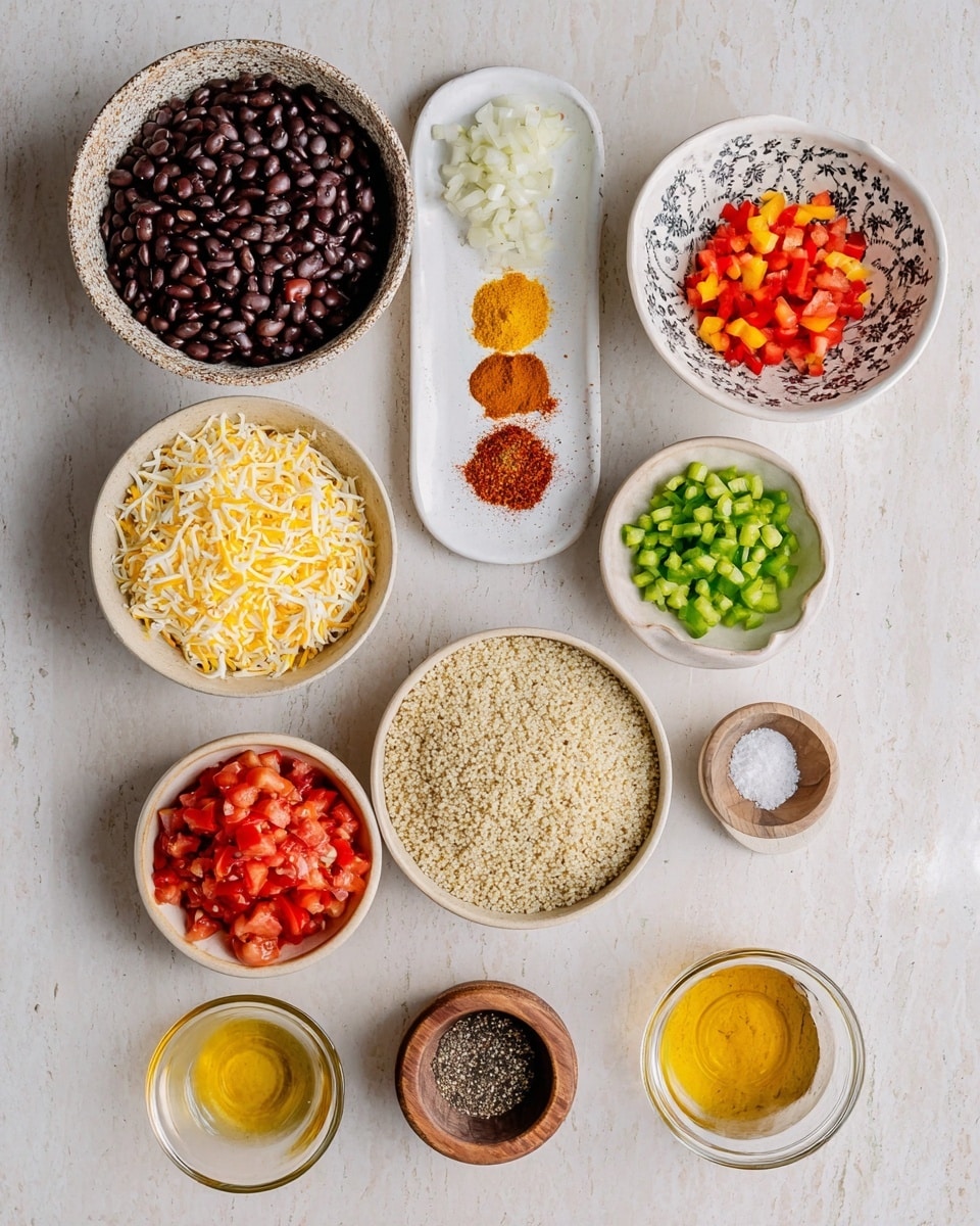 The image shows an overhead view of various ingredients neatly arranged on a white marbled surface. From top to bottom and left to right, there is a bowl filled with dark brown beans, a white patterned plate holding five small piles of spices in red, orange, yellow, and two shades of light beige, a small bowl of chopped white onion, a white bowl with shredded cheese, a bowl filled with a mix of chopped red and yellow bell peppers, a small white dish with chopped green peppers shaped like a flower, a bowl with chunky red tomatoes, a large bowl of uncooked white quinoa, a small beige bowl with chopped garlic, a small beige bowl with cracked black pepper, a small round wooden bowl with coarse salt and a wooden spoon inside, and a round glass container with golden olive oil. Everything is placed in clean white or neutral bowls and dishes, all on the smooth white marbled background. photo taken with an iphone --ar 4:5 --v 7