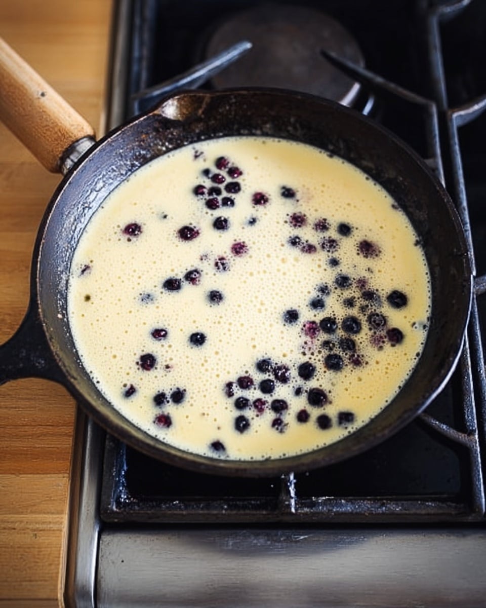 A black cast iron pan sits on a stove with a wooden edge visible on the left side. Inside the pan is a single layer of pale yellow, slightly bubbly batter with scattered dark blueberries throughout. The batter is thin and spreads evenly across the pan, with some small browned spots where the batter is cooking. The stove beneath is a clean metal burner grate with some dark marks near the front. photo taken with an iphone --ar 4:5 --v 7