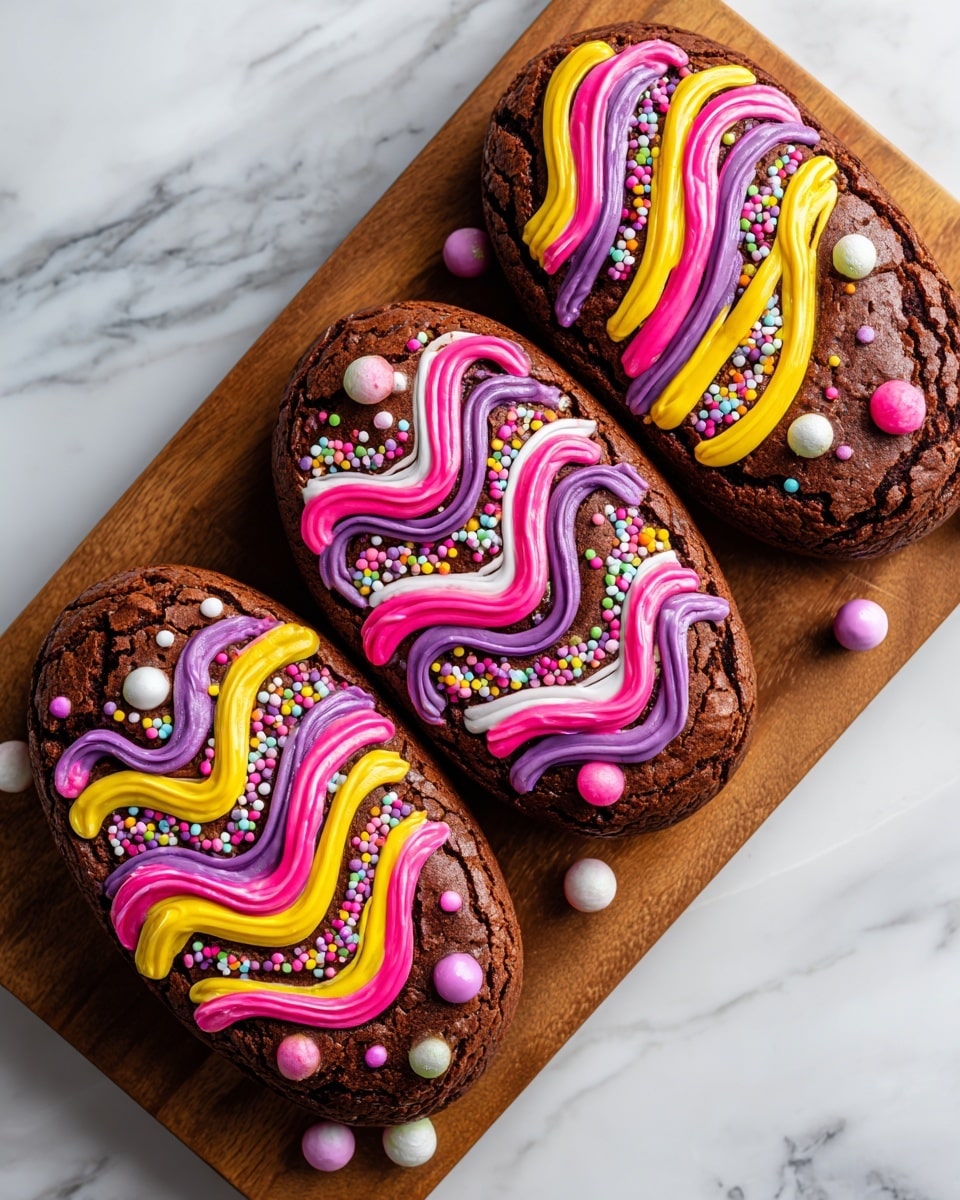 Three large oval-shaped brownies are arranged side by side on a wooden board. Each brownie has colorful icing decorations in wavy lines of pink and yellow, with dots of white, pink, and purple sprinkles scattered on top and around the board. The brownies have a cracked texture on the surface, showing a rich brown color. The background is a white marbled texture. photo taken with an iphone --ar 4:5 --v 7