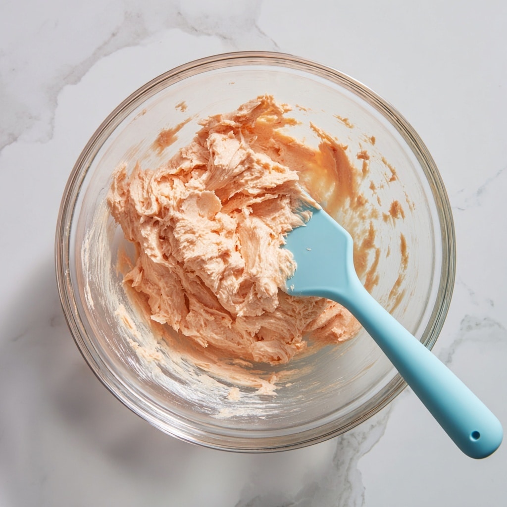 A clear glass bowl on a white marbled surface holds a mixture of pale pinkish-orange paste with small white bits scattered throughout, showing a thick and sticky texture. In the bowl, a light blue silicone spatula is partly pressed into the mixture, with its handle angled toward the bottom right corner of the image. The mixture looks dense and partially smooth with some rough shredded parts visible. Photo taken with an iphone --ar 4:5 --v 7
