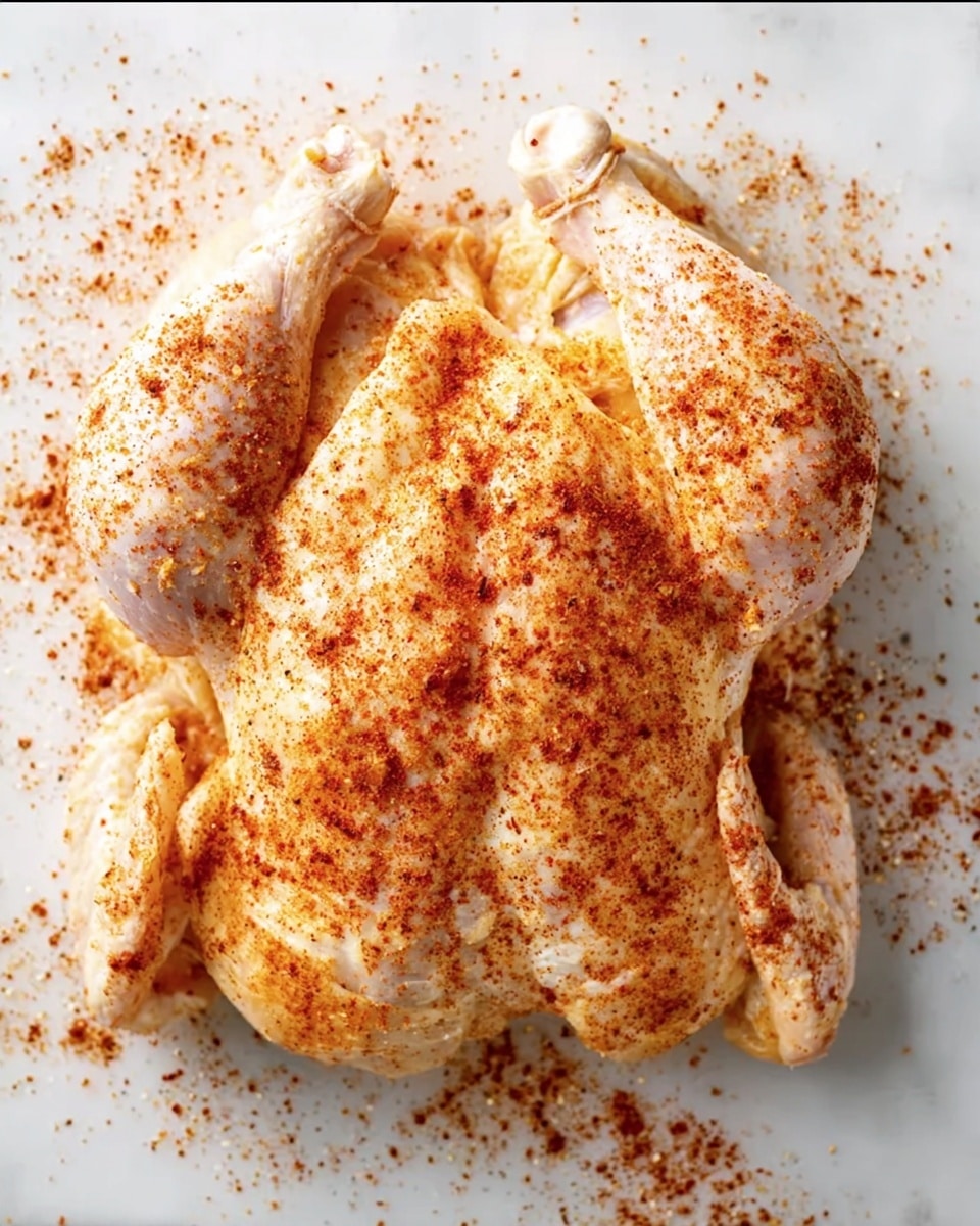 A whole raw chicken is laid flat on a white marbled surface, spread open with its skin pale and slightly shiny. The entire chicken is sprinkled evenly with a reddish-orange spice powder, giving a textured look from the scattered bits. The wings and legs are visible on the sides, matching the light color of the skin beneath the seasoning. The chicken sits centrally in the image with some spice powder scattered around it. photo taken with an iphone --ar 4:5 --v 7