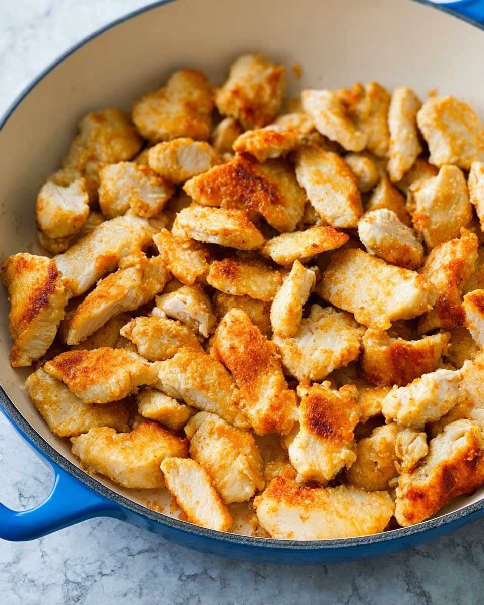 The image shows a close-up of many small, golden-brown pieces of cooked chicken in a white skillet with a blue handle. Each piece has a crispy texture with slight browning on the edges, showing a mix of light golden and darker golden colors. The chicken pieces are uneven in shape and piled up to fill the skillet. The skillet is placed on a surface with a white marbled texture. photo taken with an iphone --ar 4:5 --v 7