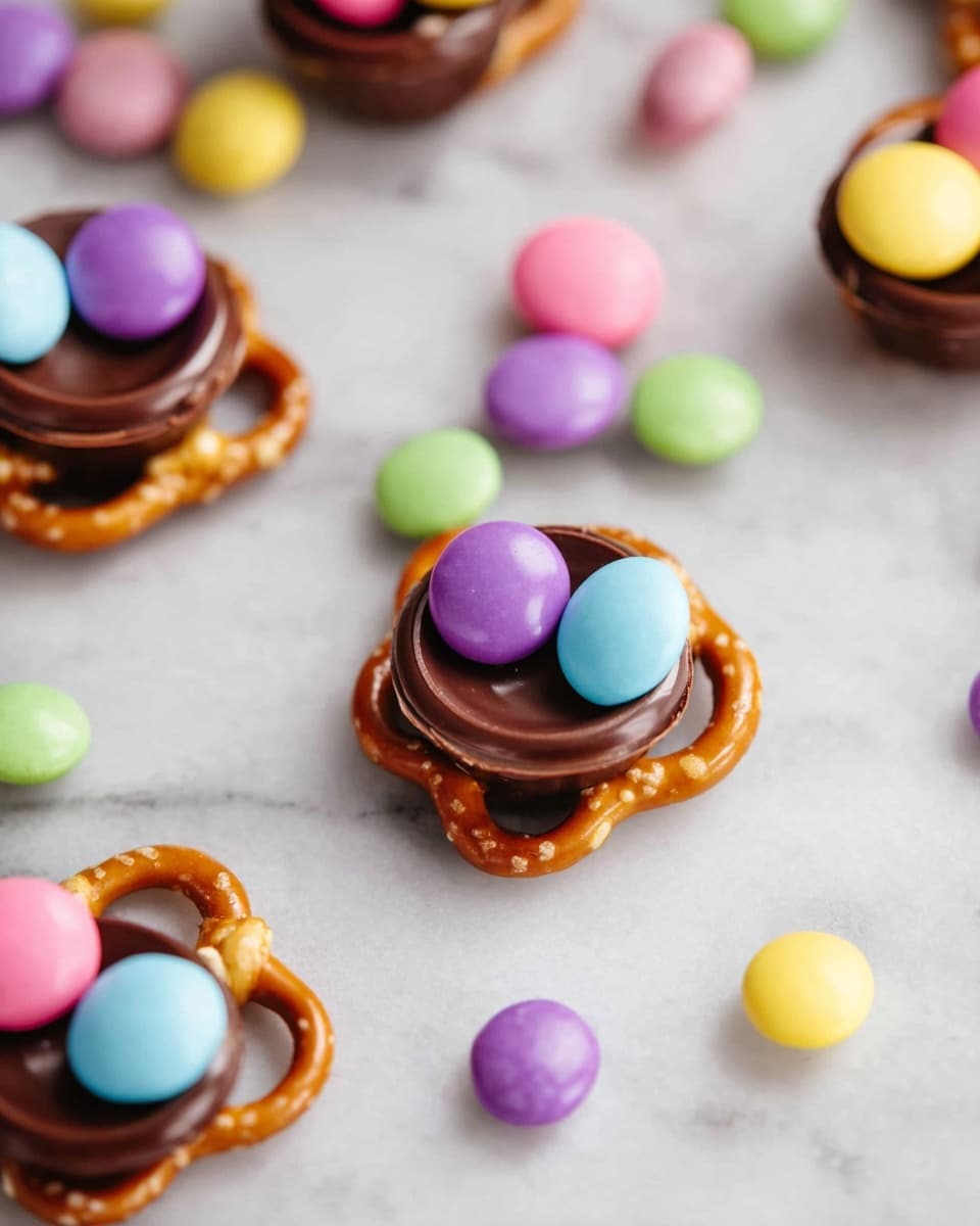 The image shows small snacks made with three layers on a white marbled surface. The bottom layer is a small pretzel with a heart-like shape and a shiny brown texture. On top of each pretzel is a cup-shaped dark chocolate layer which looks smooth and glossy. The top layer is a single colorful candy placed in the center of the chocolate; the candies are pastel colors including blue, purple, pink, and yellow. Scattered around the snacks are more colorful pastel candies in green, yellow, purple, and pink. The photo taken with an iphone --ar 4:5 --v 7