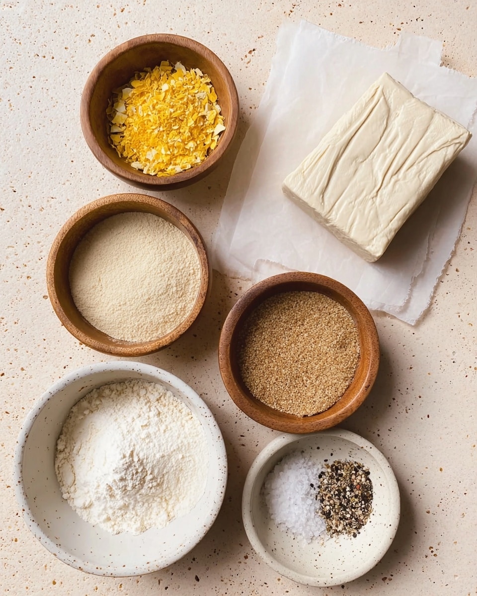 A beige speckled surface holds six bowls and a block of tofu. The tofu is pale cream with a smooth, slightly wrinkled texture, placed on white paper to the top right. A small wooden bowl at the top left is filled with bright yellow flakes. Below it, on the bottom left, another wooden bowl contains light beige powder. In the middle right, a wooden bowl holds fine sandy brown granules. At the center, a white bowl contains a mound of white powder. Finally, a small white bowl at the bottom center has a mix of coarse black and white granules, likely salt and pepper. The arrangement is casual but organized, showing a variety of dry ingredients. photo taken with an iphone --ar 4:5 --v 7