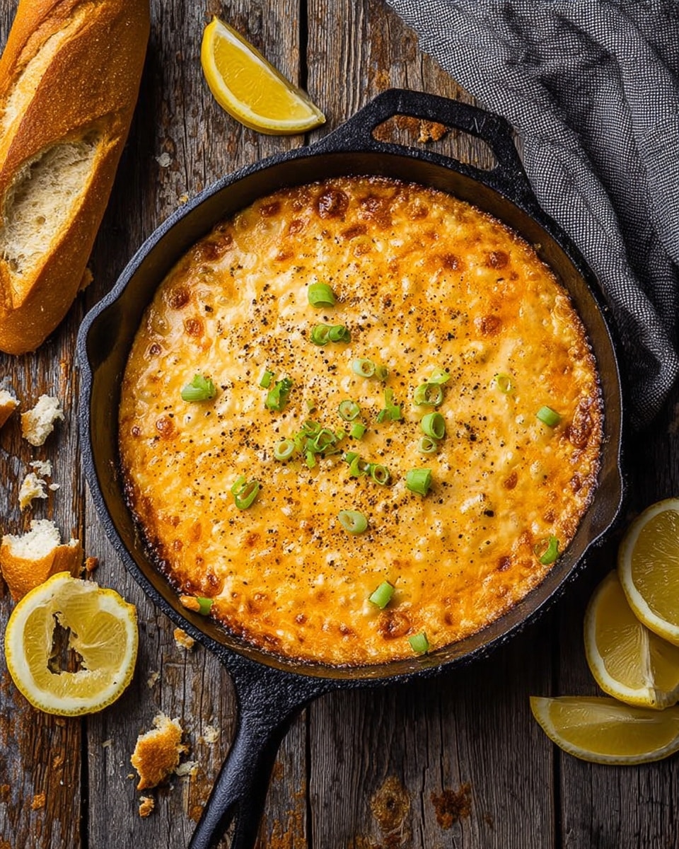 A black cast iron pan filled with a thick, creamy, golden orange cheesy dish topped with small green onion pieces and some black pepper sprinkled on top. The cheese layer looks bubbly and slightly browned at the edges. The pan sits on a rustic wooden surface with a torn baguette piece and crumbs on the left side, and three lemon wedges placed around the pan. A gray cloth napkin is partially visible in the upper right corner. photo taken with an iphone --ar 4:5 --v 7