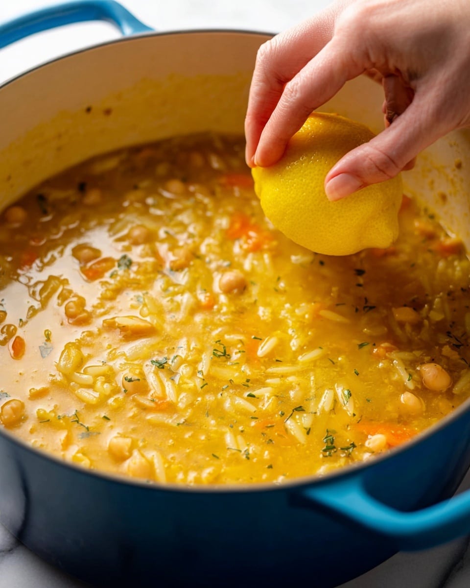 A close-up of a blue pot filled with a thick yellow soup that has visible small pieces of white rice and chickpeas mixed in. A woman's hand is squeezing a fresh yellow lemon half over the soup, adding a bright pop of color. The soup has a slightly glossy texture with herbs and small bits of orange mixed throughout. The pot is set against a white marbled surface. photo taken with an iphone --ar 4:5 --v 7
