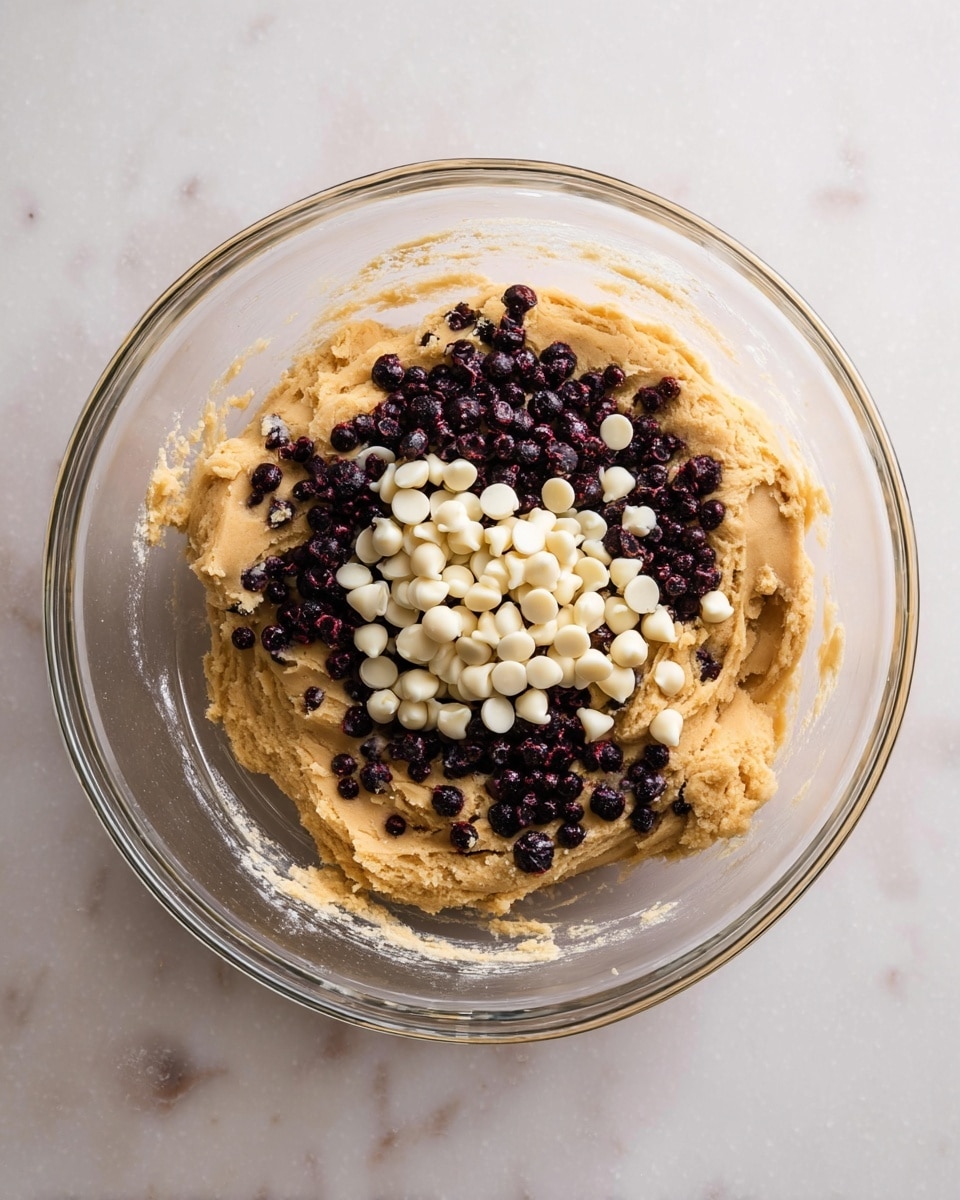 In a clear glass bowl on a white marbled surface, there is a thick, light brown dough forming the base layer. On top of the dough, there are small white chocolate chips scattered mainly in the center, creating a round cluster. Above and around the white chocolate chips, small dark purple frozen berries are spread, contrasting against the lighter dough and chips. The bowl shows some flour residue on its sides, adding texture to the scene. Photo taken with an iphone --ar 4:5 --v 7
