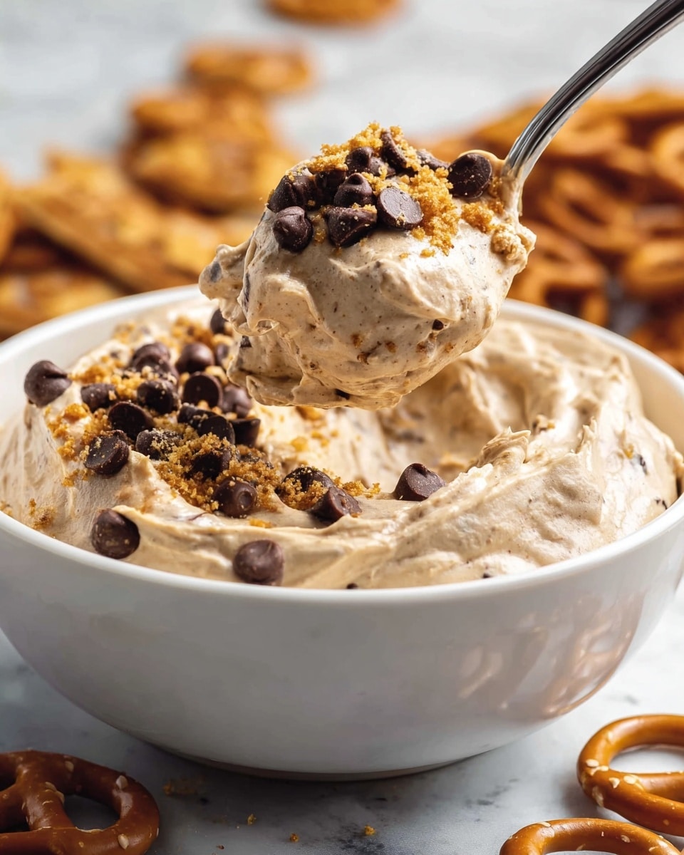 A white bowl filled with a creamy light brown dip that has a thick and smooth texture. The dip is mixed with small dark brown chocolate chips scattered evenly throughout, and sprinkled with crumbled golden brown cookie pieces. A shiny silver spoon lifts a scoop of the dip, showing its fluffy, rich consistency. The bowl is placed on a white marbled surface with some pretzels visible blurred in the background. photo taken with an iphone --ar 4:5 --v 7