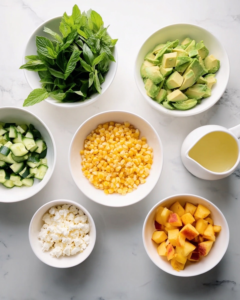 The image shows six white bowls and two small bunches of herbs on a white marbled surface. Starting from the top left, there is a bunch of fresh green mint leaves and green basil leaves. Next to them, a white bowl contains green sliced avocado pieces, layered loosely. To the right, another white bowl holds small, finely chopped cucumber pieces with a light green color. Near it, a small white jug holds a light yellow liquid, likely a dressing. At the bottom left, there is a white bowl filled with bright yellow corn kernels. Next to it is a bowl with white crumbly cheese or cottage cheese. The last bowl at the bottom right is filled with orange-yellow chopped peach pieces with some reddish skin bits showing. The bowls are arranged spaced evenly on the white marbled surface. Photo taken with an iphone --ar 4:5 --v 7