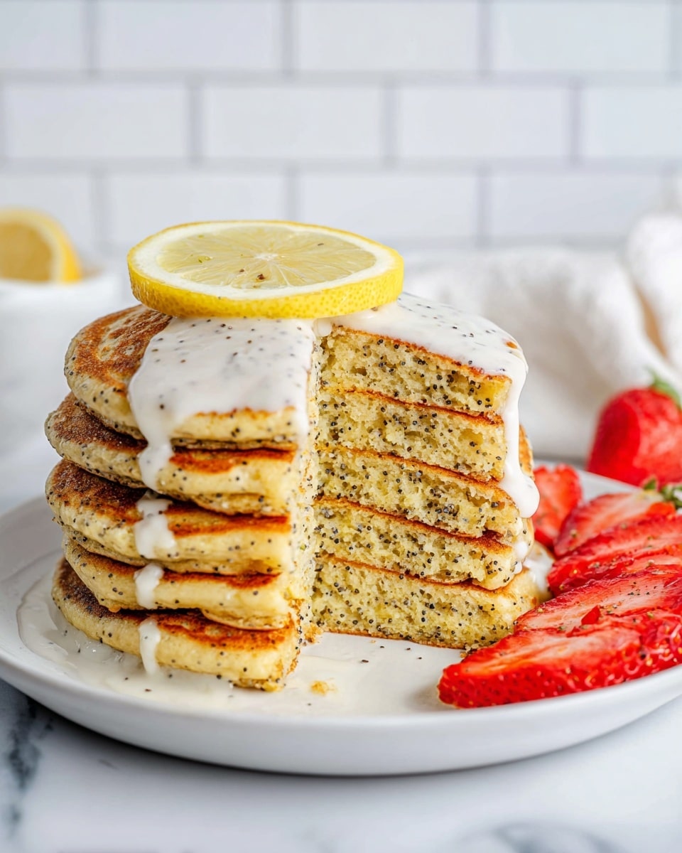 A stack of five golden brown pancakes with small black poppy seeds visible in each layer sits on a white plate on a white marbled surface. The top pancake has a glossy white sauce drizzled over it and a fresh yellow lemon slice placed neatly on top. A wedge is taken out from the middle of the stack, showing the soft and fluffy texture inside. To the right side of the plate, thinly sliced red strawberries fan out, adding a bright pop of color. The background is softly blurred with white subway tiles and a white cloth visible nearby. Photo taken with an iphone --ar 4:5 --v 7