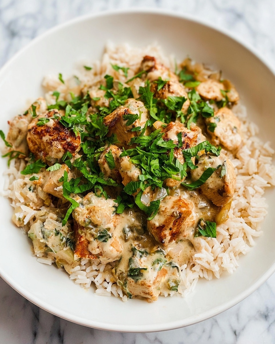 A white bowl filled with a base layer of light brown cooked rice, topped with medium-sized pieces of browned chicken coated in a creamy sauce with visible bits of sautéed onions and green herbs. Fresh, bright green chopped leafy herbs are sprinkled on top, adding a vibrant touch. The dish sits on a white marbled surface, and the focus is close-up, showing the textures of the creamy sauce, tender chicken, and fluffy rice clearly. photo taken with an iphone --ar 4:5 --v 7