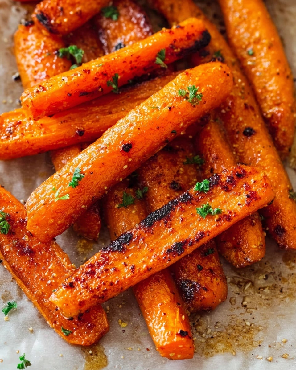 A close-up view of roasted carrot sticks, about two layers thick, with a bright orange color and a slightly shiny, caramelized texture with dark brown grill marks on parts of each carrot. Small sprinkled green parsley leaves are scattered on top. The carrots rest on a white marbled surface covered with light brown parchment paper, showing some bits of seasoning and herbs on the paper. photo taken with an iphone --ar 4:5 --v 7