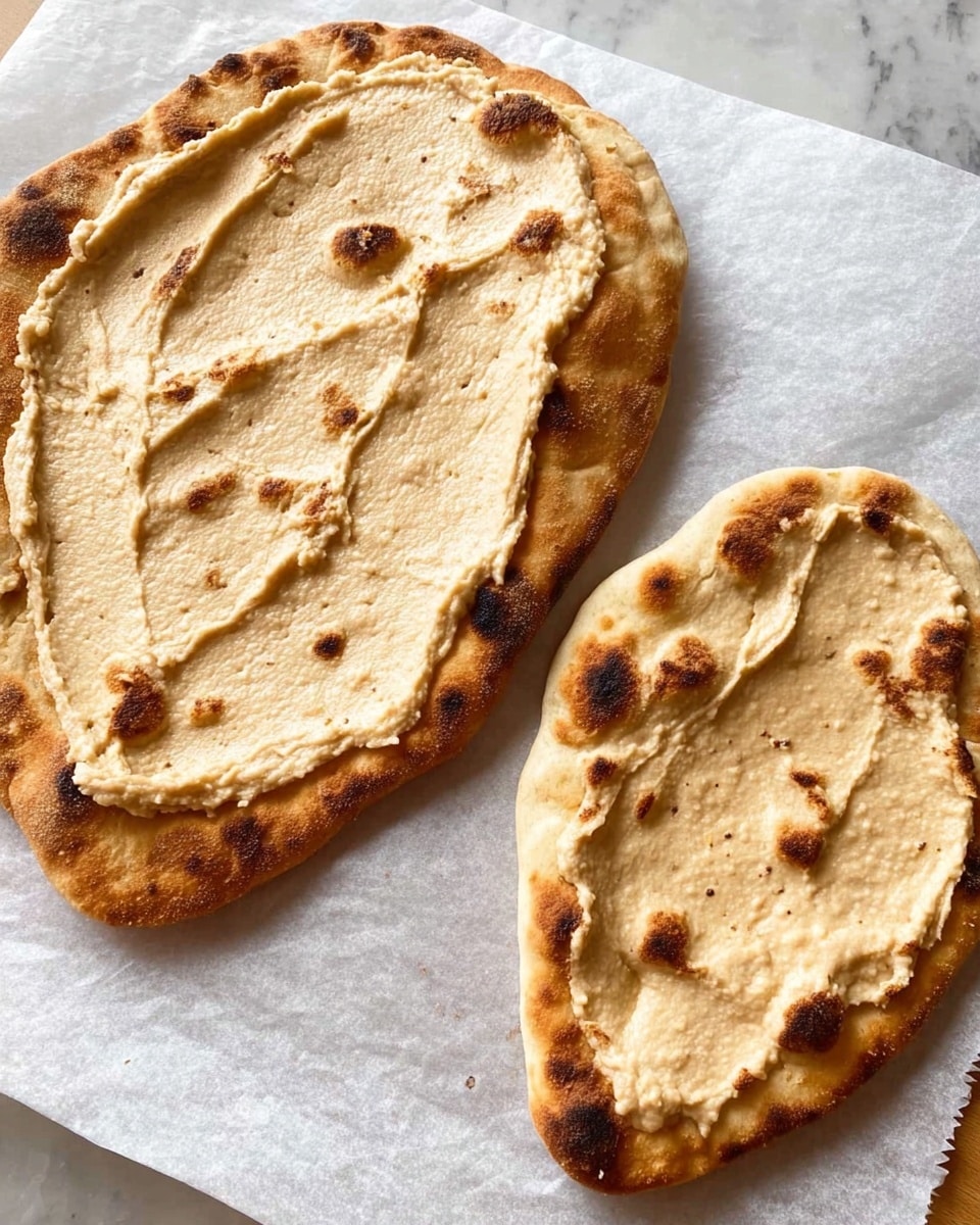 Two pieces of flatbread with slightly browned, bubbly edges and a soft, uneven surface sit on white parchment paper over a white marbled texture table. Each flatbread has one thick layer of a smooth, beige spread evenly covering most of its surface, with visible subtle texture strokes from spreading. The larger flatbread is on the left, and the smaller one on the right, both showing a warm, toasted color. photo taken with an iphone --ar 4:5 --v 7