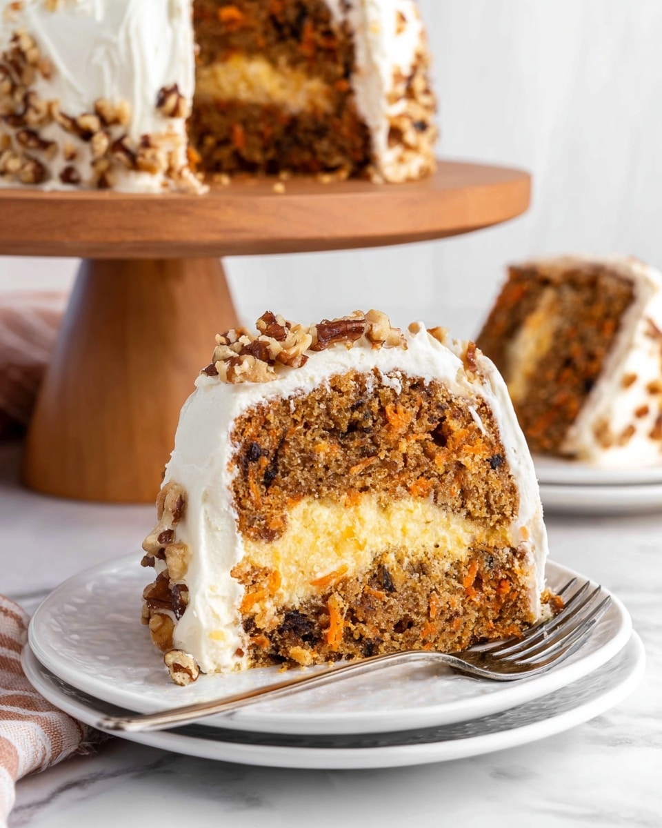The image shows a slice of carrot cake on a white plate with a silver fork in front. The cake has two visible layers: the bottom layer is a creamy yellow filling, and the top layer is a brown carrot cake with bits of orange carrot and dark nuts inside. On top of the cake, there is a thick white frosting decorated with chopped nuts. In the background, there is a wooden cake stand holding the full cake and another slice on a white plate, all set on a white marbled surface. photo taken with an iphone --ar 4:5 --v 7