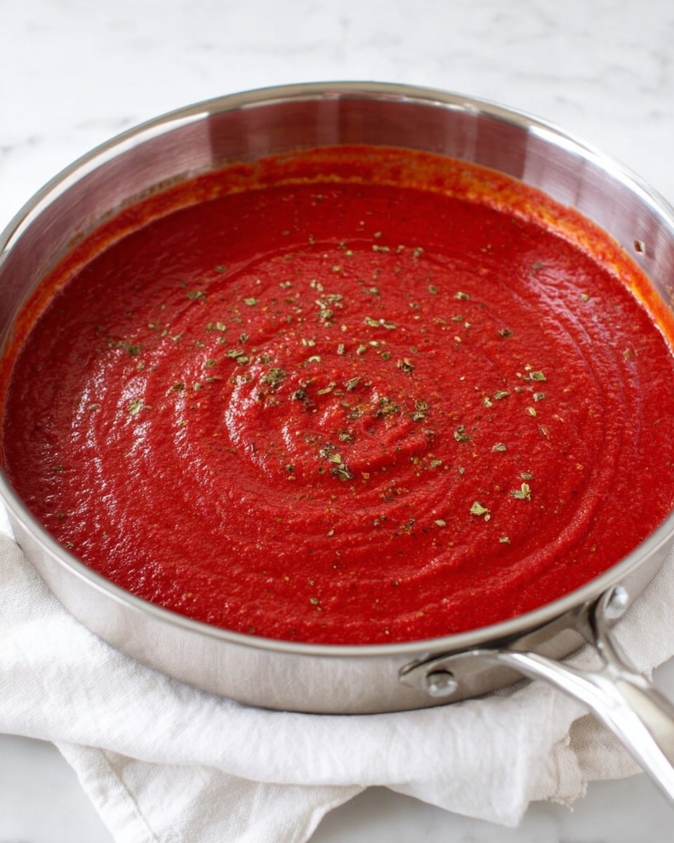 A shallow stainless steel pan filled with a thick layer of smooth, bright red tomato sauce slightly swirled on the surface, sprinkled with small bits of dried green herbs scattered lightly on top. The pan sits on a folded white cloth, placed on a white marbled surface. The sauce layer is even and covers the entire pan, with the shiny metal reflecting soft light around the edges, photo taken with an iphone --ar 4:5 --v 7