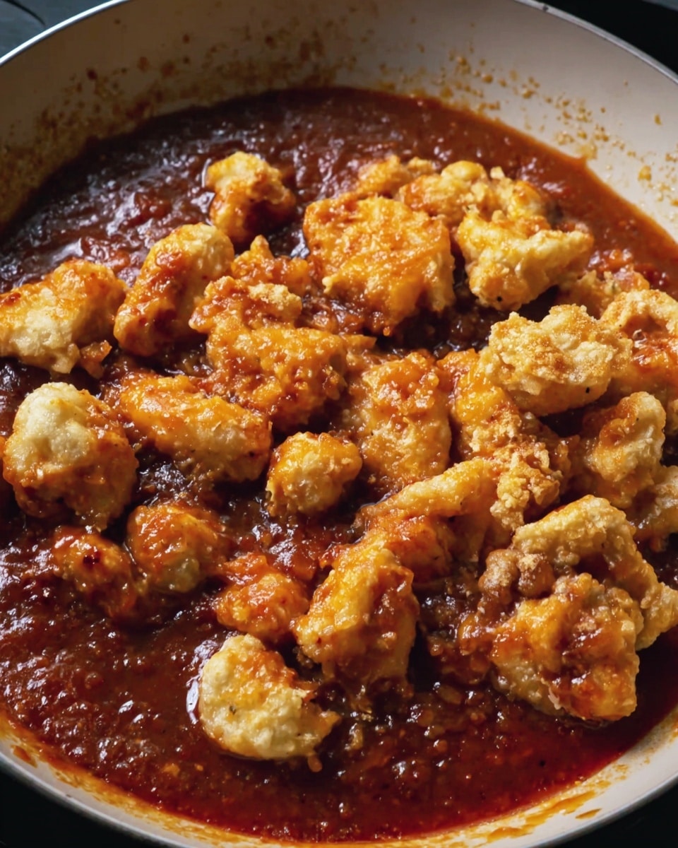 A white pan filled mostly with a thick red sauce that has a slightly shiny surface and some texture, with many pieces of light beige fried food partly dipped in and coated with the sauce on top, the fried pieces having a rough, crispy look. The pan sits on a black surface. Photo taken with an iphone --ar 4:5 --v 7