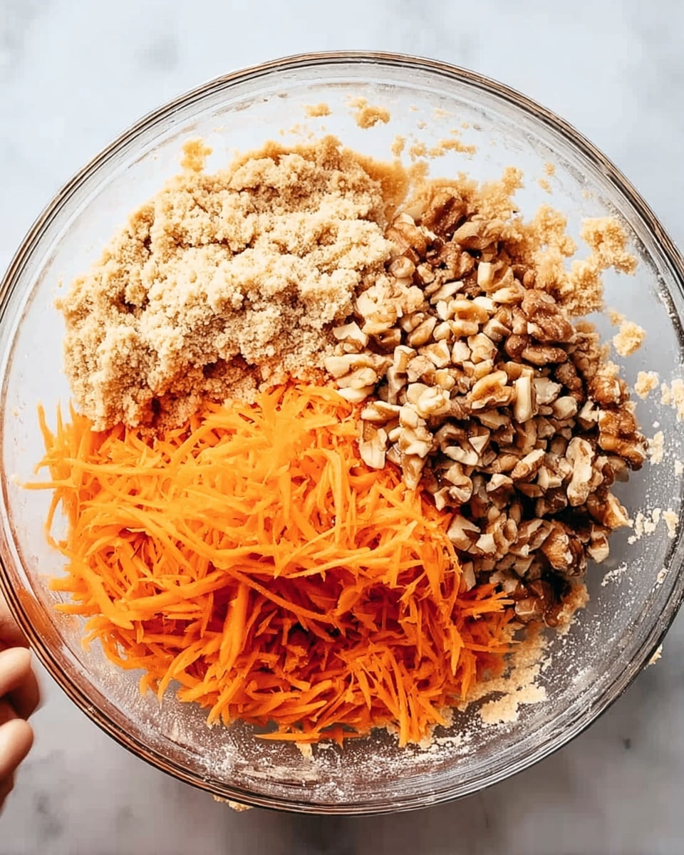 A clear glass bowl sits on a white marbled surface, filled with three main layers that are not yet mixed together. One section of the bowl contains a beige, crumbly dough-like mixture with visible small chunks and a dry texture. Another section has bright orange, finely shredded carrots with a soft, stringy look. The last section shows light brown chopped nuts, roughly broken into medium pieces, scattered over the dough mixture. Around the outside of the bowl, small bits of dough cling to the sides. A woman's hand is reaching toward the bowl. Photo taken with an iphone --ar 4:5 --v 7